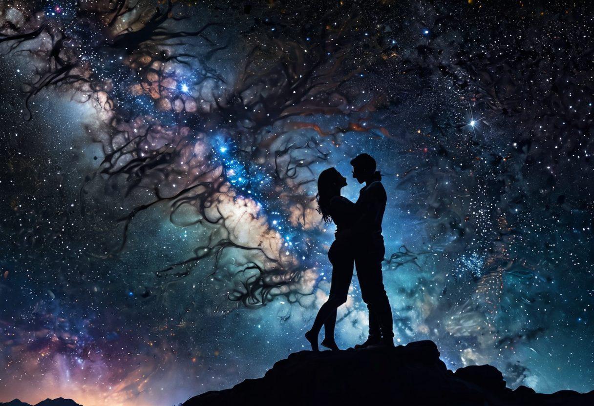 A celestial scene depicting a vast cosmos filled with vibrant stars and constellations, intertwined with soft anatomical forms representing intimacy and connection. Ethereal silhouettes of couples embracing float among the stars, symbolizing sexual wellness. A kaleidoscope of colors highlights emotions and sensations in the universe of erotic connection. The background should be deep navy blue with shimmering silver dust resembling the Milky Way. super-realistic. vibrant colors. 3D.