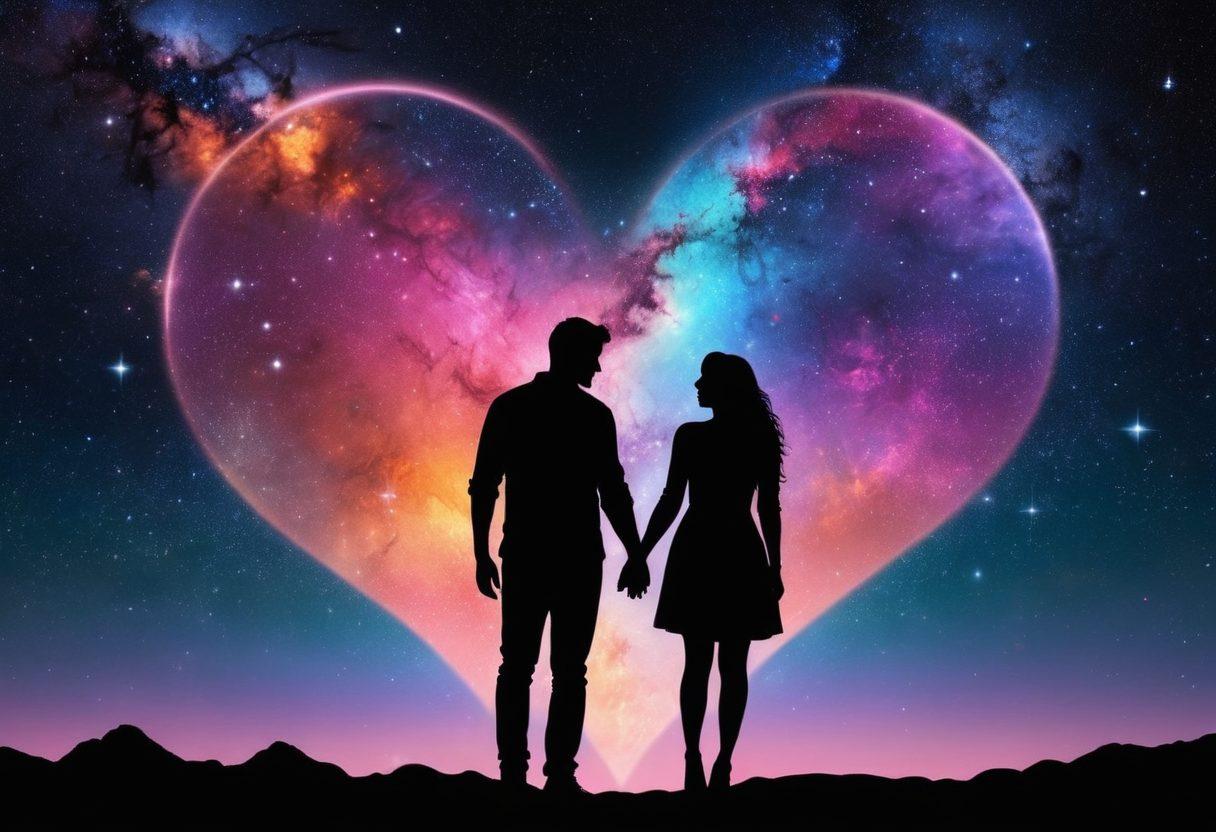 A cosmic scene blending a starry night sky with silhouettes of diverse couples engaged in intimate moments, such as sharing a laugh, having a deep conversation, and enjoying a quiet moment together. Include elements like ethereal constellations shaped like hearts and galaxies representing different relationship paths. The colors should be rich and vibrant, evoking warmth and connection. super-realistic. vibrant colors. cosmic background.